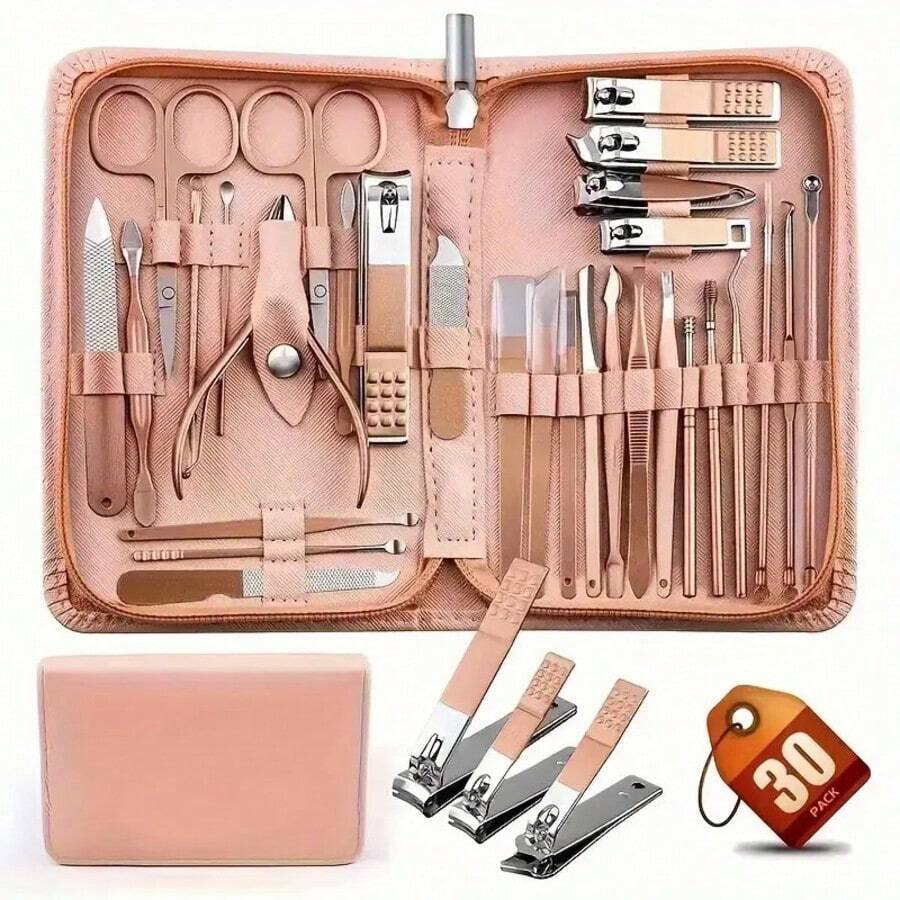 Manicure Set 30 In 1 Nail Clippers Set, Nail Manicure Kit For Women, Toenail Clippers, Pedicure Kit,Pedicure Tools, Suitable For Travel Manicure Tools - Bộ 30 chiếc vàng hồng - Xem 1