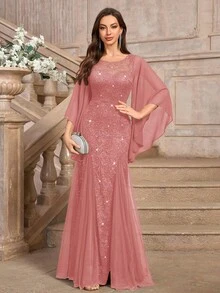 MIUSOL 优雅亮片花卉蕾丝蝴蝶袖网纱正式派对礼服，端庄女士长裙，适合婚礼宾客、毕业典礼、宴会等场合，也适合情人节春季穿着。 - 藕粉色 - 查看 6