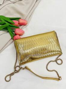 Vintage Textured Flap Crossbody Bag - Gold - View 5