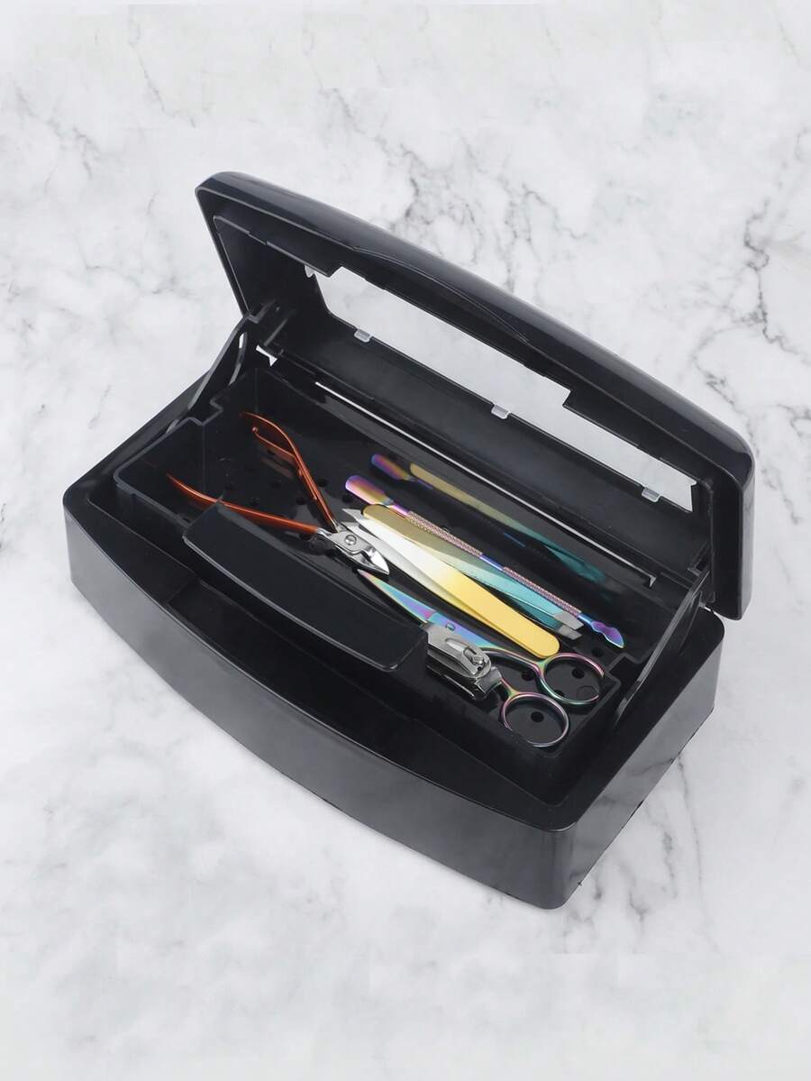1pc Nail Sterilization Storage Box With Transparent Cover For Manicure Tools And Nail Polish Nail Tools Tweezers ,Durable Plastic Organizer For Nail Technicians & Estheticians, Salon Hygiene Solution, Efficient Disinfection System - Black - View 1