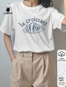 Plus Size Women's Casual 100% Cotton Croissant Print Short Sleeve T-Shirt, Chinese New Year, Lunar New Year, Year Of The Horse, Spring Festival, Happy New Year, Valentine's Day - White - View 3