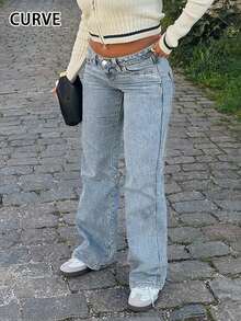 New Hot Selling European And American Street Fashion Simple Daily Commuting Casual Women's Plus Size Elastic Waist Straight Jeans - 淺色水洗藍 - 查看 3