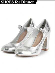 Women's White Wine Rose Gold Black Taupe Beige Grey Lipstick Natural Snake Mary Jane Pumps – Round Toe Ankle Strap Vintage Dress Heels [Size Up Half Size] - 蛇 - 查看 1