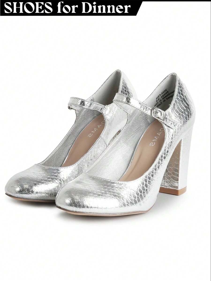 Women's White Wine Rose Gold Black Taupe Beige Grey Lipstick Natural Snake Mary Jane Pumps – Round Toe Ankle Strap Vintage Dress Heels [Size Up Half Size] - 蛇 - 查看 1
