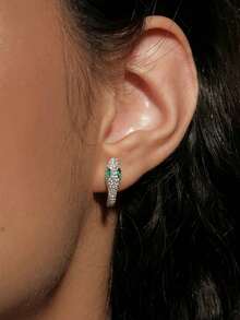 Cubic Zirconia Decor Snake Design Hoop Earrings - Silver - View 3