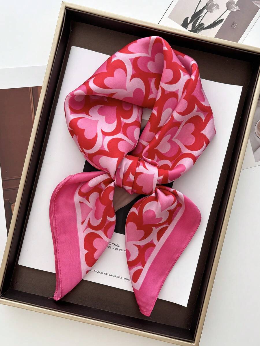 1pc Square Scarf, Women's Satin Printed Headband, Headwrap, Fashion Ladies Hair Scarf, Shawl, Scarf, Women's Neckerchief, Headscarf - Pink Love Heart - View 1