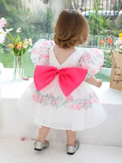 Baby Girls Butterfly & Floral Print Tulle Petal Sleeve Party Dress, Princess Dress Suitable For 1st Birthday Party, Wedding, Festival Celebration