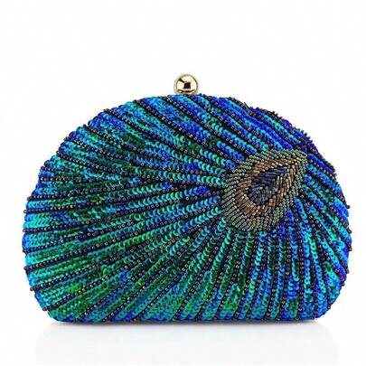 Peacock Blue Retro Chinese Style Cheongsam Handbag For Women, Peacock Embroidered Beaded Sequin Party Clutch Purse Suitable For Formal Occasions Like Dinner Party, Wedding, Banquet, As Gift For Women , Blue