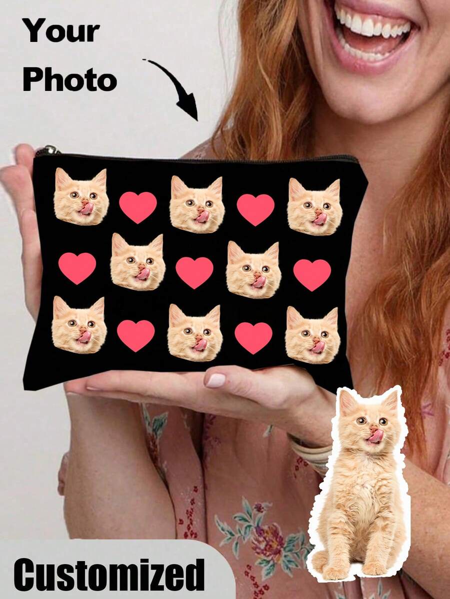 1pc Customized Cat Photo Makeup Bag, Cute Cat Themed Gift, Small Pet Lover Travel Cosmetic Bag, Zipper Storage Pouch, Suitable For Teens, Daughters, Sisters, Fun Pet Supplies Birthday Christmas Decor Cosmetic Organizer, Mini Makeup Bag, Travel Small Makeup Box Accessories, Makeup Brush Holder, Cosmetic Container, Makeup Pouch, Travel Essential, Women's Accessory, Travel Supplies, School Makeup Bag, Holiday Makeup Bag, Winter Holiday Makeup Bag - Black - View 1