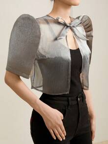 Blusa de manga abullonada, cintura con lazo y abertura frontal, inspirada en el estilo filipiniana, elegante y moderna para primavera/verano