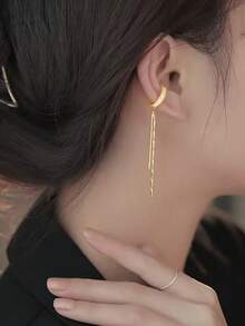 1 Pair Rhinestone Decorated Long Tassel Ear Cuff Earrings, Simple & Fashionable Ear Clip-On Style For Women - Yellow Gold - View 2