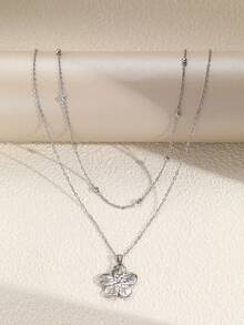 1 件简约欧美风格不锈钢珠链配花卉吊坠项链，男女通用 - 項鍊 - 查看 5