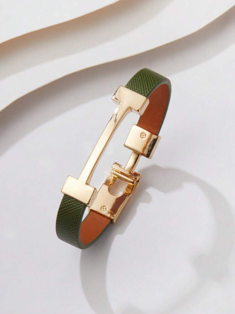 1 pieza Brazalete de Charm de letra de piel de PU de moda, adecuado para el uso diario de las mujeres - Pulsera de cuero con detalles dorados. - Añade 6