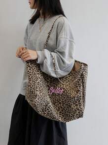 1pc Personalized Women Leopard Print Canvas Shoulder Bag, Fashion Versatile Handbag Tote Bag For Work Commute, Embroidered Custom Name Underarm Bag, Large Capacity Lightweight Storage Bag, Portable Tote For School, Suitable For Daily Use, Shopping, Party, Great Gift For Family, Friends, Lover, For Christmas, Spring Festival, Mother's Day, Women's Day, Valentine's Day, Teacher's Day, Nurse's Day, Thanksgiving, Independence Day, Birthday