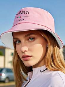 1pc Pink Bucket Hat With Milano Letters, Personalized Fashionable Versatile Casual Sun Protection Hat, Outdoor Sun Protection, Plain Bucket Hat, Lightweight Bucket Hat, Beach Bucket Hat, Minimalist Bucket Hat, Suitable For Outdoor, Summer Wear, Vacation, Commuting, Etc., Can Also Be Used As A Mother'S Day Gift Or Birthday Gift - Pink - View 2