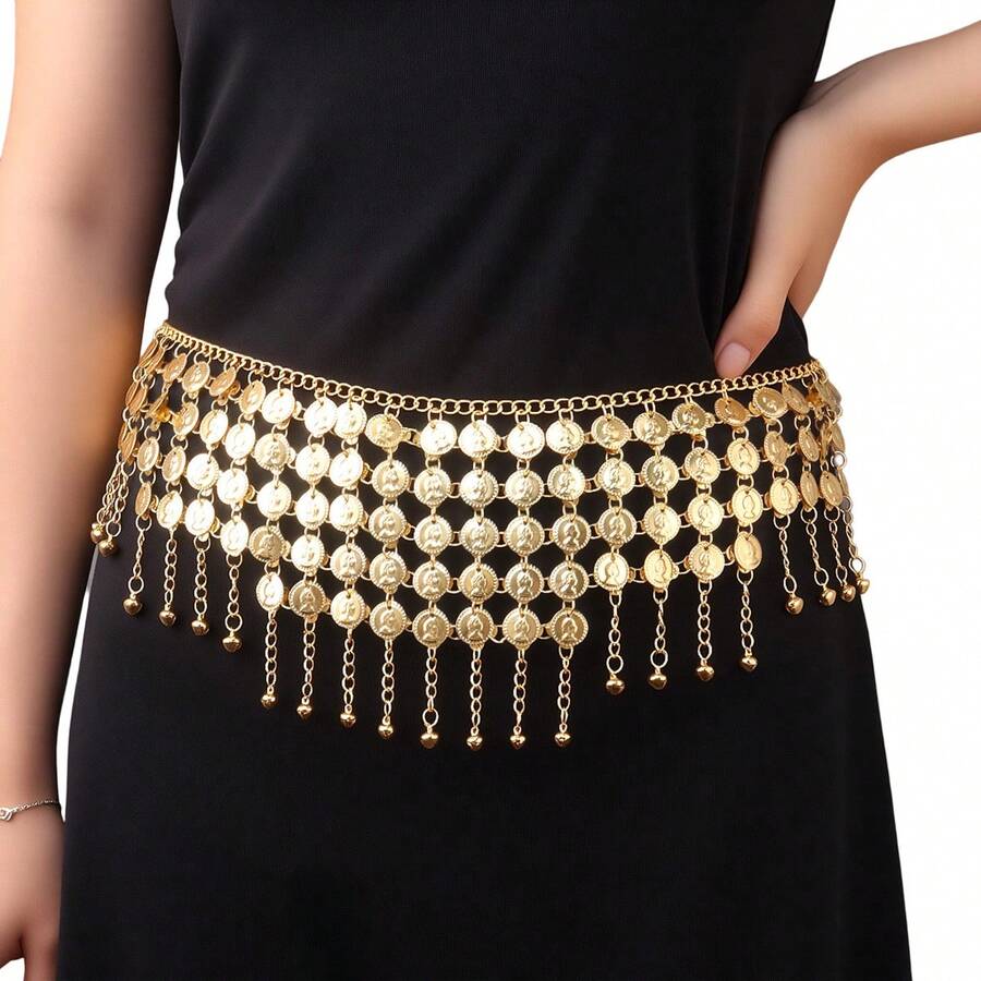 1 chiếc Dây đeo eo múa bụng nhiều lớp rộng hơn, Dây đeo eo tua rua khiêu vũ có thể điều chỉnh, Dây đeo eo làm đẹp bằng kim loại - Nhiều màu - Xem 1