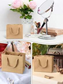10Pcs-Khaki Kraft Paper Bags With Handles, Khaki Gift Bags, Solid Color Gift Bag, Mini Portable Small Shopping Bags For Boutique, Wedding Party Favor Bags, BabyShower, Birthday Party, Gift Bags, Bridesmaids Bags, Mother's Day Graduation