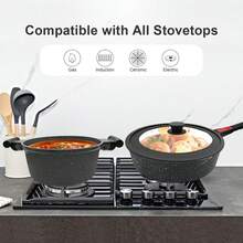 10 Pcs Pots And Pans Set Nonstick, Cast Aluminum Kitchen Cookware Set With Lid/Frying Pans & Saucepans With Detachable Handle, Oven& Dishwasher Safe (Black)