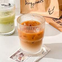 1pc Creative Minimalist Striped Glass Coffee Mug, Home Iced Drink Cup, Milk Cup, Ins-Style Coffee Mug, Suitable For Iced Americano, Latte, Juice, Iced Drink, Matcha, Milk. Back To School And Holiday Gift