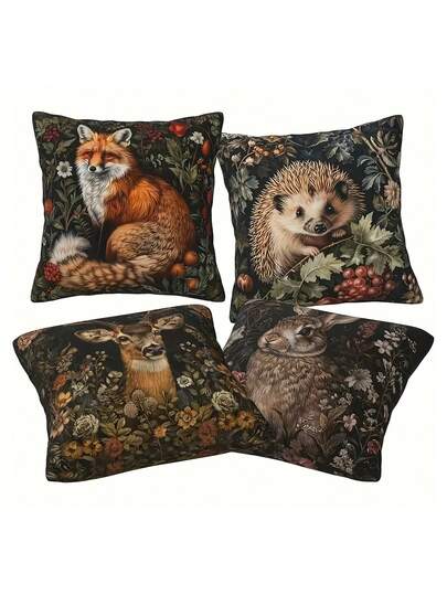 1/2/4 st. set med örngott i vintagestil med skogsdjur, dekorativa kuddfodral med rådjur, räv, kanin och igelkott - 17,7x17,7 tum, maskintvättbara, dragkedja, polyester, för hemmet, kontoret, vardagsrummet, soffdekor - inlägg ingår ej