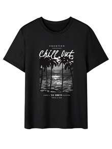 Men's Casual Letter & Cartoon Graphic Print Round Neck Short Sleeve T-Shirt, Emo - Black - View 3