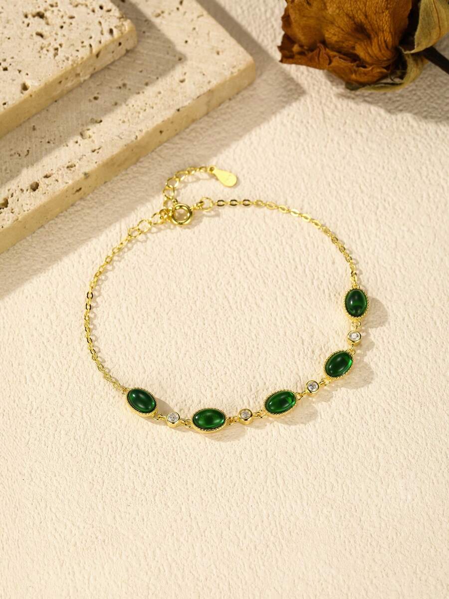 MODIAN MODIAN 925 Sterling Silver Exquisite Elegant Oval Green CZ Charm Bracelet For Women Golden Color Daily Party Fine Jewelry