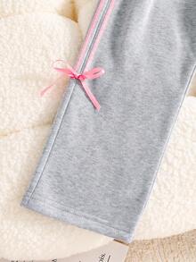 Tween Girl Bow Decor Round Neck Sweatshirt And Sweatpants Set - Light Grey - View 7
