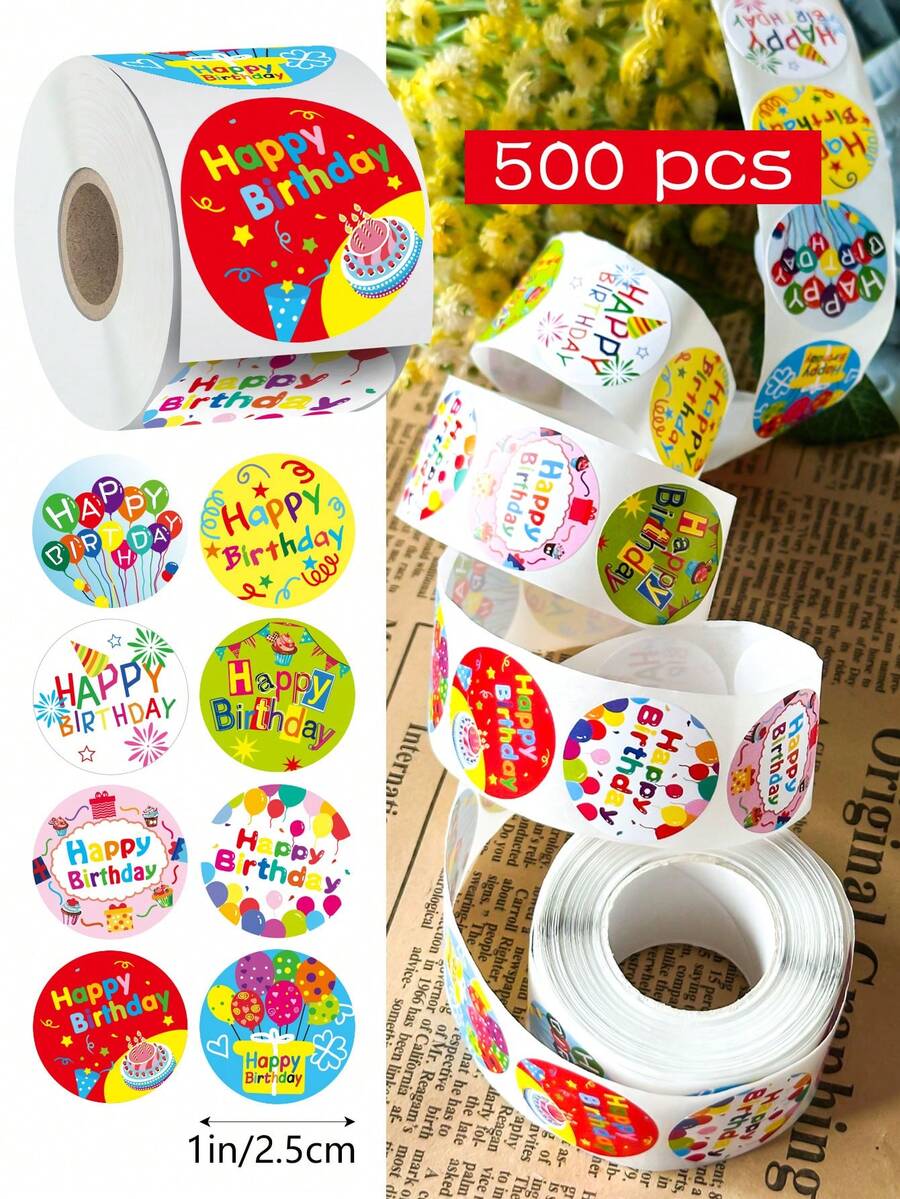 500 pièces/Rouleau Stickers de bénédiction d'anniversaire de forme ronde avec motifs de dessins animés, autocollants de décoration artisanale, récompenses d'enseignant et décorations de fête, fournitures scolaires, rentrée des classes - Multicolore - Voir 1