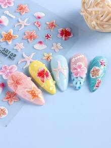 2 张 5D 浮雕海洋生物美甲贴纸自粘贝壳海星指甲贴花夏季海洋主题指甲设计贝壳柠檬夏威夷花朵美甲滑块女士 DIY 美甲装饰 - 彩色 - 查看 2