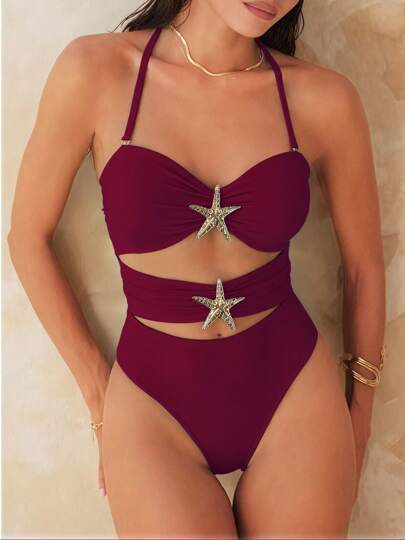 Nuevo lanzamiento 2026, traje de baño elegante para damas, bikini de playa, conjunto de playa de verano, Día de San Valentín, carnaval, traje de baño de una pieza sexy color borgoña, tela de nailon sólida de alta elasticidad y cómoda, traje de baño con diseño de estrella de mar hueco y espalda descubierta, atuendo sexy y casual para vacaciones de playa y fiestas en la piscina. Sigue la tienda, comparte talla grande grandes productos, esperamos tu reseña positiva.