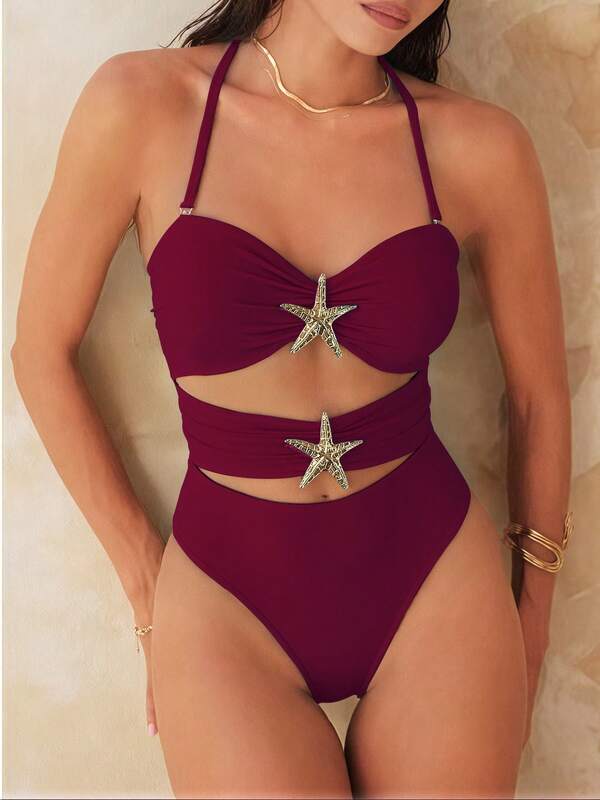 2025 بدلة سباحة حريمي قطعة واحدة، من قماش نايلون مرن وملائم، مزين بنجمة البحر صغيرة، بتصميم كشكش أمامي على شكل حمالة