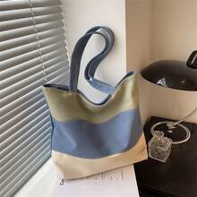 Large Capacity Canvas Tote Bag For Women, Contrast Color Patchwork Shoulder Bag For School, Commute - Multicolor - View 7