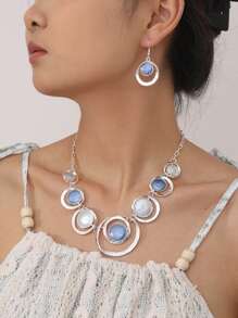 1pc Necklace 1 Pair Earrings Fashion Concentric Circle Jewelry Set, Bohemian Retro Unique Elegant Minimalist Blue Enamel Zinc Alloy, Suitable For Women Daily Wear, Party, Beach Holiday, Ideal Gift