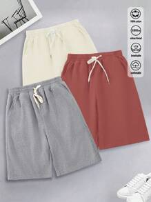Set di tre pezzi di pantaloncini da uomo in cotone basic, stile college a coste con blocchi di colore, nuovi pantaloncini da uomo in primavera ed estate, morbidi e traspiranti, color caramello + grigio floreale + albicocca chiaro.