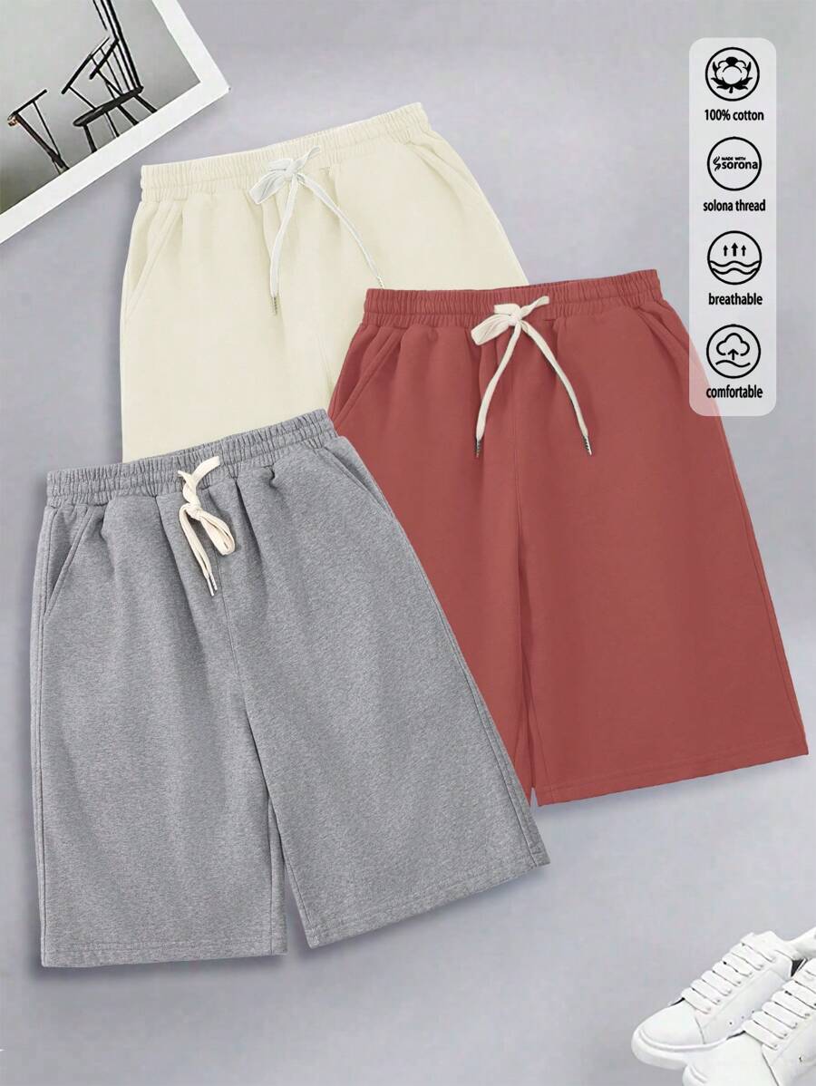 Set di tre pezzi di pantaloncini da uomo in cotone basic, stile college a coste con blocchi di colore, nuovi pantaloncini da uomo in primavera ed estate, morbidi e traspiranti, color caramello + grigio floreale + albicocca chiaro.