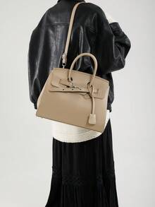 SHIMEINI 1pc 2025 New Litchi Grain Soft Leather Tassel Pendant Handbag, European And American Fashion Versatile Shoulder/Crossbody Bag, Suitable For Women's Daily Use, Work Commute, Holiday Travel, Festivals, Dates, Gifts - Khaki - View 4