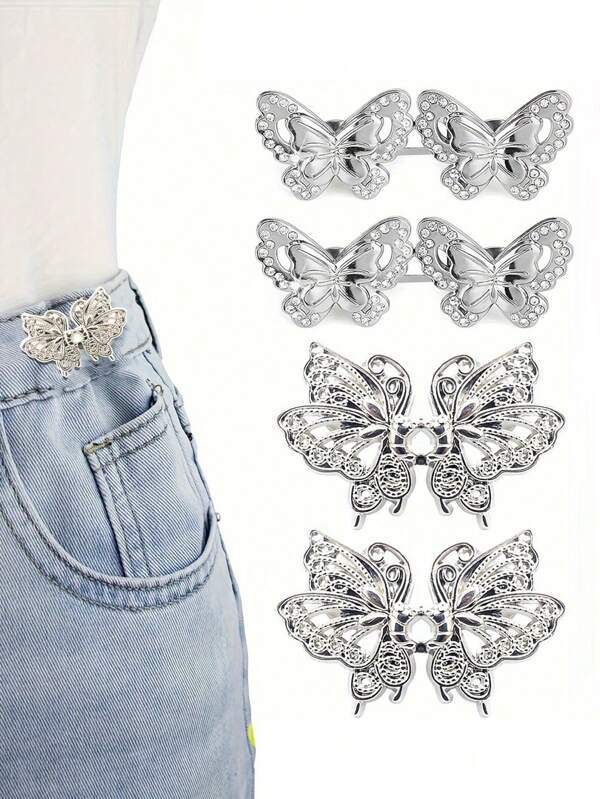 2 Pieces Adjustable Jeans Button Pins, Metal Butterfly Waist Tighteners For Loose Denim, No Sew Instant Extend & Reduce Pants Size, Stylish Fit Alteration Clips For Jeans/Denim Trousers