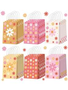 24/12 piezas Bolsas de papel kraft con flores de margarita para regalos de cumpleaños, bolsas para dulces de fiesta de novia, bolsas de regalo para fiestas de boda y cumpleaños - Multicolor - Ver 5