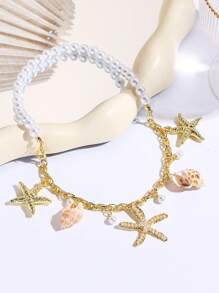Colar de estrela do mar dourado para mulheres - Corrente delicada inspirada no oceano com detalhes em pérolas e conchas | Joias de praia vintage e doces para o verão | Presente e uso diário para adolescentes