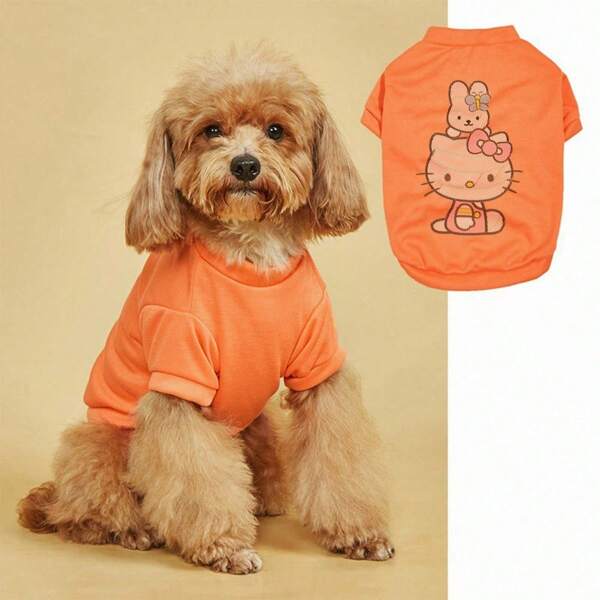 Sanrio 1pc Cartoon Print Short Sleeved Sweatshirt For All Seasons Imitation Embroidery Pet Round Neck Sweatshirt