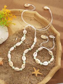 ZIRUISP Conjunto de collar y pulsera de verano con conchas luminosas naturales para mujer, con cadena de cuerda trenzada, ajustable, de estilo bohemio, como regalo para usar en la playa, vacaciones o uso diario