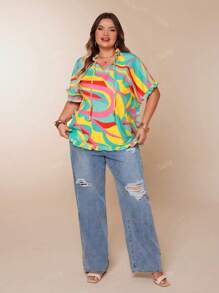 Plus Size Women Casual Holiday Multicolor Graphic Print Tie V-Neck Ruffle Trim Summer Tops