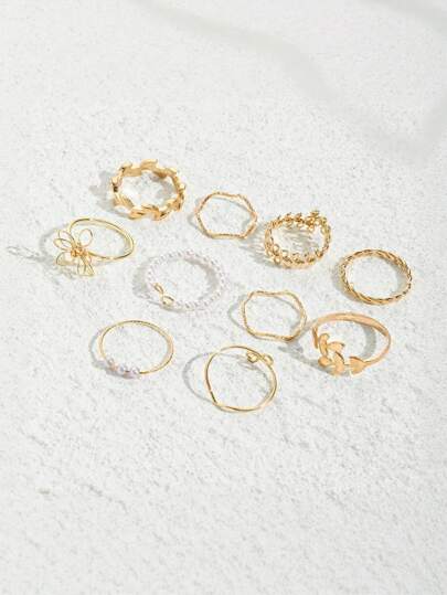 10pcs Girly Gold Fashion Elegant Flower Cutout Design Ring Combo - Suitable For Daily Matching Decoration