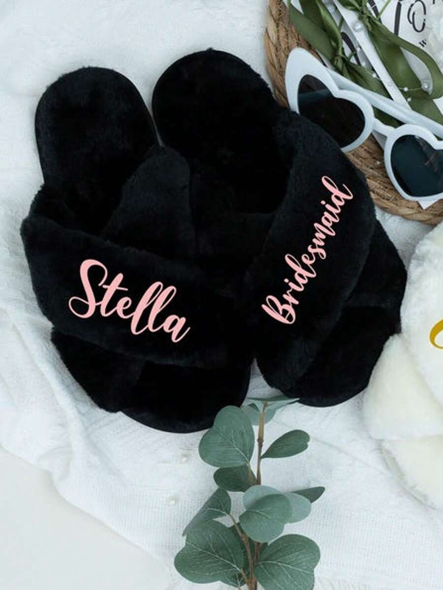 Personalized Bridal Slippers, Bridesmaid Gift, Bride Wedding Gift, Pom-Pom Bachelorette Party Slippers, Birthday Gift - Black - View 1