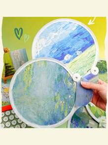 1pc,Oil Painting Floral Mini Foldable Fan - Elegant Portable Compact Lightweight Handheld Fan With Reflective Surface, Fabric Material & Botanical Art For Summer, Home Decor, Gift