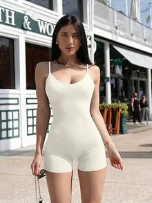 Women Workout Seamless Jumpsuit Yoga Ribbed Bodycon One Piece Spaghetti Strap Shorts Romper ﻿ - 白色 - 查看 4