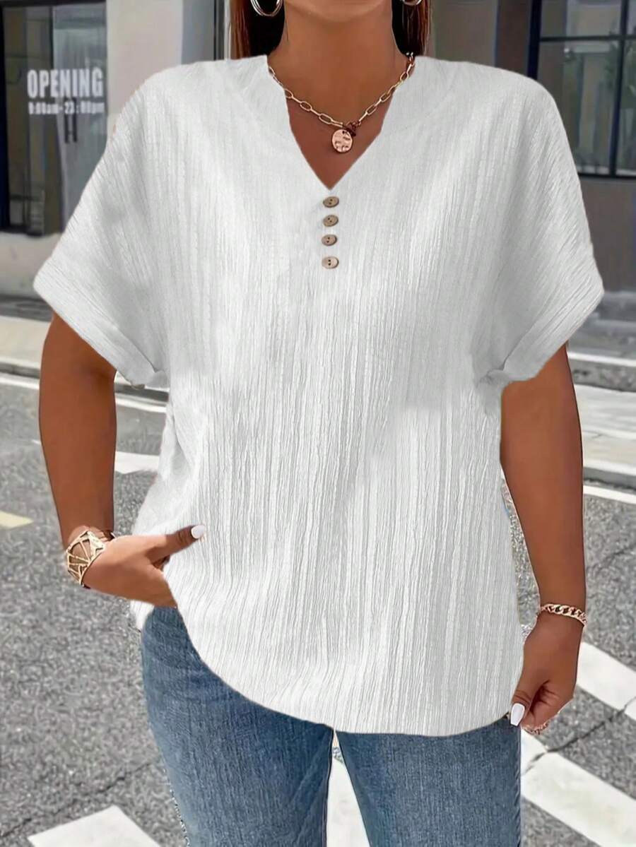 New Cross-Border Plus Size Elegant Top, V-Neck Short Sleeve Solid Color Pullover Casual Button T-Shirt For Women - White - View 1