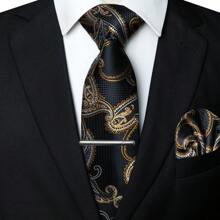 Juego de 5 piezas, corbata clásica de hombre con estampado de cachemira, corbata de tela de 1200 agujas con flor de anacardo, pañuelo de bolsillo, gemelos, clip de corbata y alfiler de solapa, adecuado para hombre en trabajo, negocios, formal, boda, casual y graduación