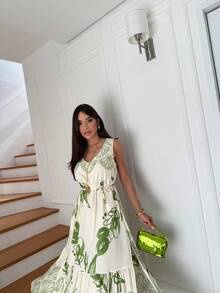 Long Printed Straight Loose Dress With Pocket COD:212-Folha - màu xanh lá - Xem 2