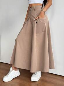 Falda A-Line minimalista de moda con bolsillos con cremallera lateral y botones, informal para vacaciones - Caqui - Ver 5